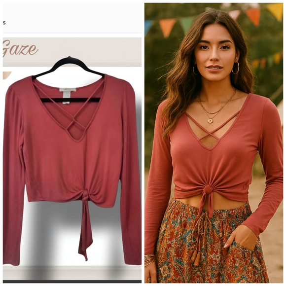 gaze Tops - 🌿Gaze Women's Small Deep Dusty Rose Crop Top with Crisscross Bodice